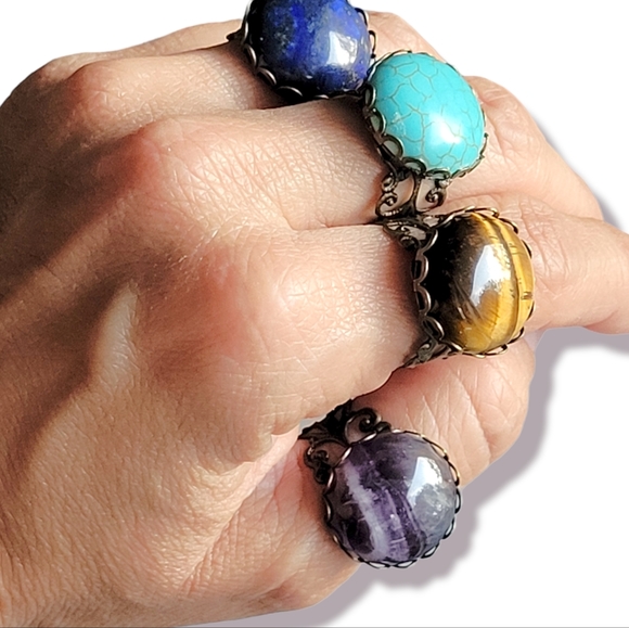 Genuine Tiger's Eye Semi Precious Natural Stone French Copper Filigree Ring 8 - Picture 8 of 8